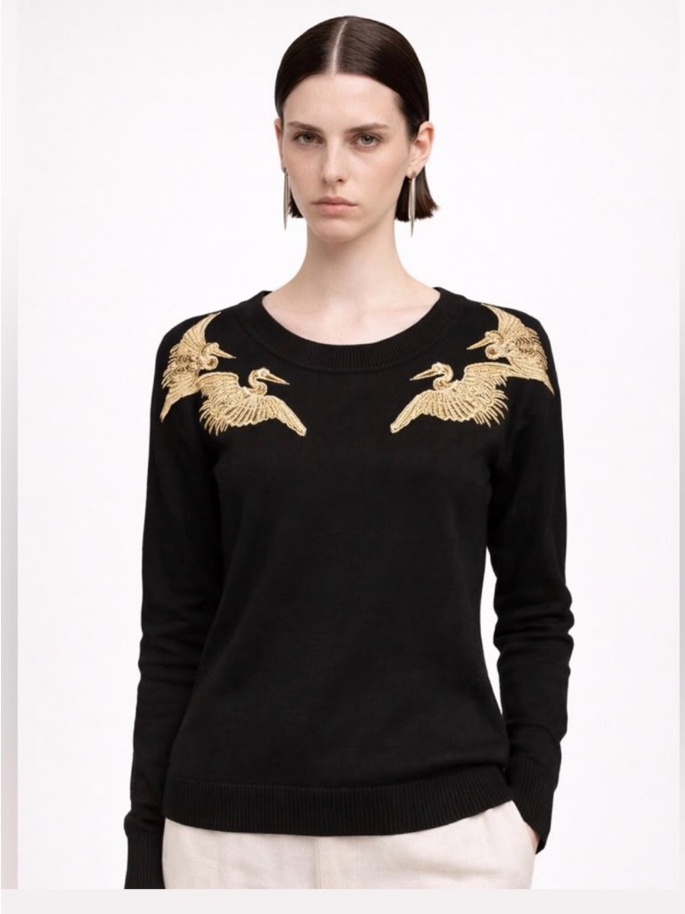 Altuzarra Black Crewneck Sweater with Gold Crane Motifs
